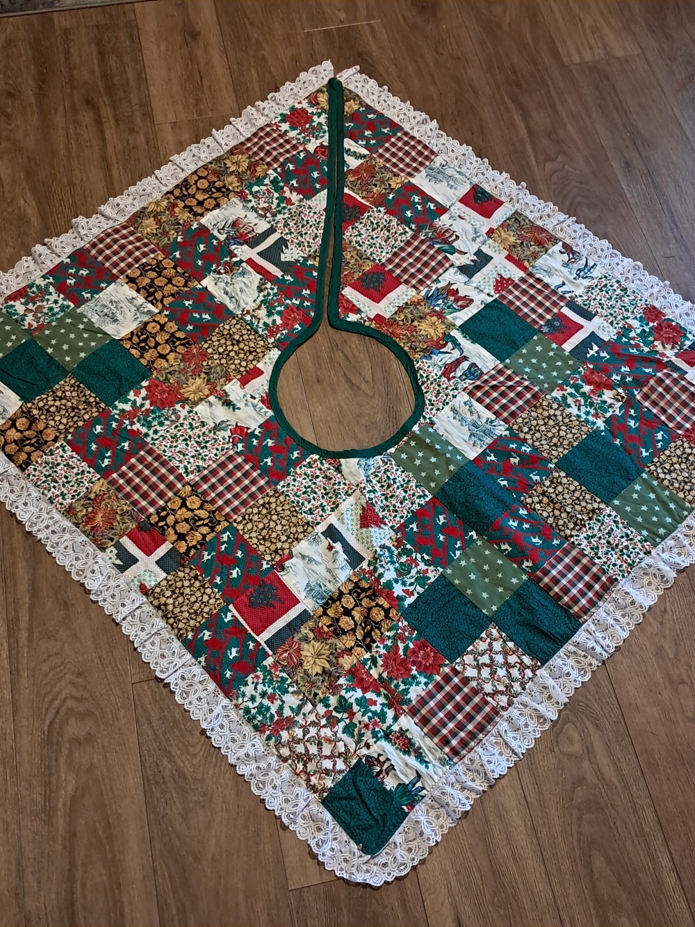 Handmade Patchwork Christmas Tree Skirt in Green, Red, and Cream